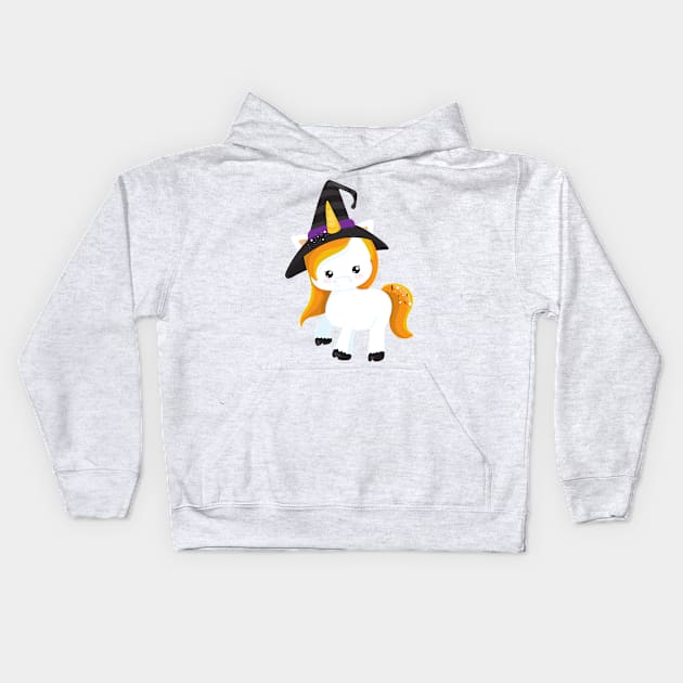 Halloween, Cute Unicorn, Magic Unicorn, Witch Hat Kids Hoodie by Jelena Dunčević